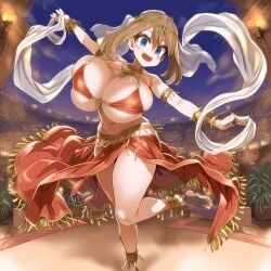 2024 ai_art ai_generated arabian_clothes belly_dancer belly_dancer_outfit blue_eyes bracelet breasts brown_hair cleavage dancing exotic female game_freak grin highres huge_breasts human jewelry may_(pokemon) nintendo pokemon smile veil