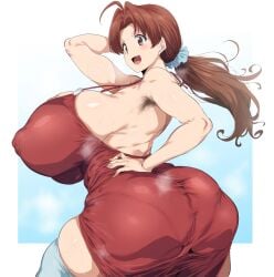 ai_generated armpit_hair big_ass big_nipples bonno brown_eyes brown_hair delia_ketchum_(pokemon) erect_nipples female_armpit_hair gigantic_breasts hairy_armpits huge_breasts mature_female milf nai_diffusion panties_visible_through_clothing pokemon ponytail red_dress thick_thighs