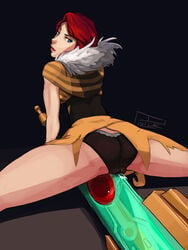 black_panties blue_eyes cameltoe clothed dress female from_behind frottage grinding panties polyle pussy_juice red_(transistor) red_hair solo spread_legs sword transistor_(game) weapon