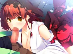 10s 1boy 1girls ayase_hazuki blush braid breast_press breasts censored cleavage fellatio female game_cg grand_cru grand_cru_bourgeois hakama highres japanese_clothes large_breasts legs looking_up male miko momose_nonoa nukidoki! oral penis red_hair sex shadow short_hair sitting skirt straight tagme thighs yellow_eyes