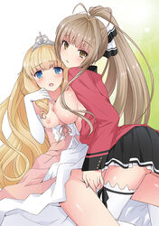 2girls ahoge amagi_brilliant_park antenna_hair artist_request blonde_hair blue_eyes blush breasts brown_eyes brown_hair dress elbow_gloves female female_only gloves highres large_breasts latifa_fleuranza long_hair long_sleeves looking_at_viewer multiple_girls necklace nipples pleated_skirt ponytail princess ribbon sento_isuzu shiny shiny_hair skirt small_breasts thighhighs tiara tied_hair uniform white_gloves white_legwear yuri