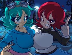 2girls artlaccer_(artist) blue_eyes blue_hair clothed female female_only flipping_off flipping_the_bird flipping_viewer_off freckles goggles goggles_on_head kim_pine middle_finger ramona_flowers red_eyes red_hair scott_pilgrim short_hair symmetrical_docking