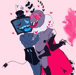 4_arms bald black_panties hazbin_hotel heart_glasses male_only multi_arm multi_limb nipple_covers rift_link sharp_teeth smoking tongue_kiss traced tv_head valentino_(hazbin_hotel) vox_(hazbin_hotel)