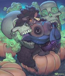 anthro balls big_breasts breasts erection furry futanari ghost halloween intersex long_hair nude penis precum pumpkin sheepuppy sitting sitting_on_pumpkin skull