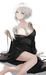 1girls big_breasts blue_eyes blush cleavage eonyan faust_(limbus_company) kimono limbus_company looking_at_viewer project_moon revealing_clothes sitting tattoo tattoos white_hair