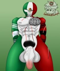 1male countryhumans green_skin luisartz_(artist) male_only mexico_(countryhumans) penis pubic_hair red_skin scars tagme tattoo tattoo_on_chest uncut veiny_penis white_skin