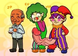 big_penis bubbles_(mii) carlo_(mii) closed_eyes clown clown_makeup clown_nose exposing_self hugh_morris hyper_penis jester jester_hat male_only mii nintendo older_male penis penis_awe self_upload shocked_expression sweating text tipslog tomodachi_life tomodachi_life:_living_the_dream uncensored veiny_penis wide_eyed