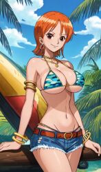 1girls ai_generated anime anime_girl big_breasts bikini_top bra female female_focus female_only nami nami_(one_piece) one_piece orange_hair_female pre-timeskip