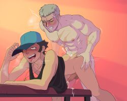 2boys ahe_gao akihiko_sanada athletic_male bandage_on_face bara barazoku baseball_cap blush booty_electric cock completely_nude completely_nude_male cross_necklace cum cum_drool cum_in_ass cumming cumming_from_anal_sex cumming_inside cumming_while_penetrated cumming_while_penetrating cumshot doggy_style doggy_style_position ejaculation fully_nude gay gay_anal gay_domination gay_sex grey_hair junpei_iori male male/male male_only male_penetrated male_penetrating male_penetrating_male motion_lines muscles muscular muscular_male necklace on_table partially_clothed partially_clothed_male persona persona_3 scar scar_on_chest silver_hair tank_top toned toned_body toned_male tongue_out yaoi