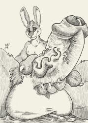 2014 5_fingers anthro balls big_balls big_penis claws erection finger_claws fingers genitals huge_balls huge_cock jax_rabbit lagomorph landscape_dwarfing leporid macro male mammal masturbation monochrome penile penile_masturbation penis rabbit smile solo somevelvetmorning vein veiny_penis