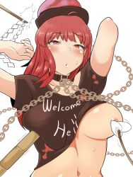 ahoge arms_up bad_id bad_pixiv_id blush bottomless breasts chains choker clothes_writing commentary_request detached_sleeves female gohei hecatia_lapislazuli hekiga_(freelot) highres large_breasts navel nipples one_breast_out poking pout red_eyes red_hair shirt solo staff sweatdrop touhou upper_body