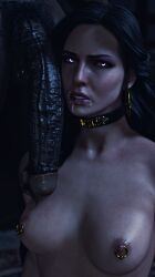 3d after_oral choker collar cum cum_in_mouth cum_on_face dark-skinned_male ear_ring earrings huge_cock interracial looking_at_viewer nipple_piercing nose_ring penis_on_face roriori the_witcher_(series) veiny_penis violet_eyes yennefer