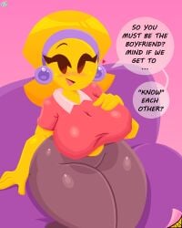 emoji emoji_(race) emoji_milf emojifam_(sssir8) emojis emojisexual hand_on_breast jjoyplus milf mother no_outlines purple_headwear red_shirt sitting_on_person text text_bubble thick_thighs yellow_body yellow_skinrnemoji