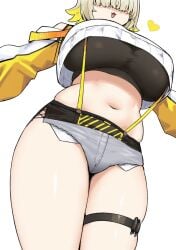 2d_(artwork) :3 big_breasts blonde_hair booty_shorts cute_fang elegg_(nikke) female gigantic_breasts goddess_of_victory:_nikke hair_over_eyes huge_breasts short_pants short_shorts shorts sky_(freedom) thick_thighs thigh_strap thighs