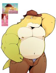 1boy anthro blush chubby chubby_male cowboy_hat gummigoo_(the_amazing_digital_circus) male male_focus male_only nervous nipples open_pants pants pecs reference_image reptile scalie shy solo solo_male sweat tail the_amazing_digital_circus topless underwear unzipped unzipped_pants