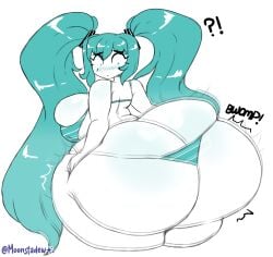 1girls ass ass_bigger_than_head ass_cleavage ass_expansion big_breasts blue_hair blush breasts butt_crack english_text fat_ass female female_only hatsune_miku huge_ass huge_breasts hyper hyper_ass ineffective_clothing light-skinned_female light_skin long_hair looking_back moonraige outgrowing_clothes solo text tight_clothing vocaloid white_background