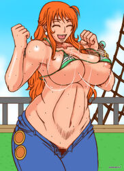 bikini bikini_top breasts censored female female_only human jeans large_breasts long_hair nami nipples one_piece orange_hair papepox2 post-timeskip pubic_hair smile solo striped_bikini