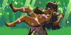 2girls belly_raspberries belly_tickling carrying dark-skinned_female gigglyglyph tickling_belly