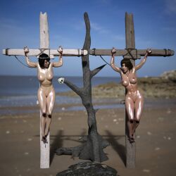 2girls 3d black_hair blood brown_hair crown_of_thorns crucifixion hlt1w lara_croft lara_croft_(survivor) large_breasts multiple_girls nailed_to_cross nude nude_female running_mascara runny_makeup samantha_nishimura skull tomb_raider tomb_raider_(survivor)