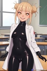 1girls ai_generated black_catsuit black_gloves black_latex_catsuit black_latex_gloves blonde_hair breasts cameltoe catsuit catsuit_under_clothes classroom female female_focus female_only gloves himiko_toga indoors labcoat latex latex_catsuit latex_clothing latex_gloves light-skinned_female light_skin looking_at_viewer ltxdiffusion medium_breasts my_hero_academia school_uniform shiny shiny_clothes skin_tight smile smiling solo solo_female solo_focus stable_diffusion standing teasing teasing_viewer tied_hair tight_clothing toga_himiko turtleneck white_lab_coat yellow_eyes