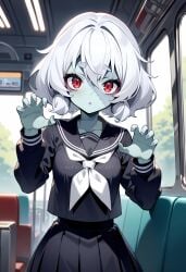 ai_generated konno_junko looking_at_viewer open_mouth patchwork_skin red_eyes school_uniform white_hair zombie_girl zombie_land_saga zombie_pose