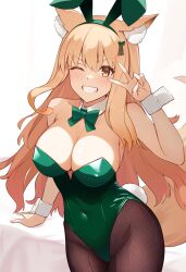 1girls ai_generated big_breasts blush breasts bunny_ears bunnysuit cleavage fate/grand_order fate_(series) female fishnets fox_ears fox_girl looking_at_viewer novelai one_eye_closed peace_sign smirk solo suzuka_gozen_(fate)