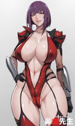 ai_generated big_breasts bimbo breasts cleavage light-skinned_female light_skin mature_female milf oboro_(taimanin_asagi) only_female pink_hair red_eyes smirk taimanin_(series) taimanin_asagi_battle_arena taimanin_suit