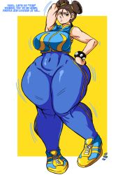 1girls ass big_ass big_breasts bottom_heavy breasts brown_hair charge_sol chinese_girl chun-li commission dialogue female female_only fully_clothed hi_res huge_ass huge_breasts huge_thighs legs looking_at_viewer navel solo street_fighter street_fighter_alpha thick thick_ass thick_legs thick_thighs thighs tight_clothing