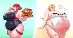 2girls alternate_body_size better-with-salt big_belly blonde_hair breasts burger casual_one-piece_swimsuit closed_eyes earrings eating fat food gigantic_breasts green_background headpiece hot_dog huge_breasts jewelry long_hair multicolored_background multiple_girls mythra mythra_(radiant_beach)_(xenoblade) mythra_(xenoblade) obese one-piece_swimsuit overweight_female pizza plate pyra pyra_(pro_swimmer)_(xenoblade) pyra_(xenoblade) red_hair red_one-piece_swimsuit ribbed_swimsuit short_hair simple_background skindentation standing strapless striped_one-piece_swimsuit swept_bangs swimsuit thick_thighs thigh_strap thighs tiara torn_clothes two-tone_swimsuit vertical-striped_clothes vertical-striped_one-piece_swimsuit xenoblade_(series) xenoblade_chronicles_(series) xenoblade_chronicles_2 yellow_background