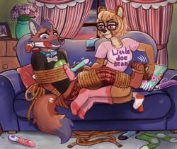 anthro bondage canine canine cantando_pollas clothed deer dildo duo erection female femdom gizmo_(puddinpop34) male malesub penis playis rope sex_toy sock_gag sock_in_mouth straight tickling vibrator