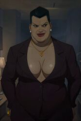 1girls ai_generated amanda_waller bbw big_breasts breasts cleavage clothed clothing dark-skinned_female dark_skin dc dc_comics ear_piercing earrings female_only front_view full_cleavage inside jewelry lamp lips lipstick mature mature_female mature_woman milf necklace pendant piercing red_lipstick rxmai solo_female stable_diffusion standing suicide_squad