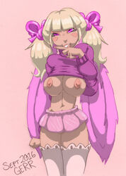 2016 biting_finger biting_lip blonde_hair blush breasts cheesecake clothing drawing ear eyes female female_only hair_ribbon human kemonomimi long moe original purple_eyes ribbons rosy_cheeks short skirt solo stockings sweater sweatshirt tan_skin tanned thick topless traditional_media_(artwork) translucent twintails zephod-b