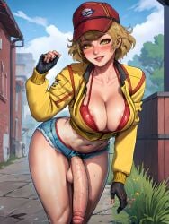 1futa ai_generated baseball_cap bent_over big_breasts big_cock big_penis blonde_hair blush bra bra_peek cindy_aurum cleavage denim_shorts dickgirl final_fantasy final_fantasy_xv fingerless_gloves flaccid_penis futa_only futanari looking_at_viewer midriff navel nipple_slip parted_lips short_hair short_shorts shorts solo solo_futa stable_diffusion unzipped veritai yellow_eyes