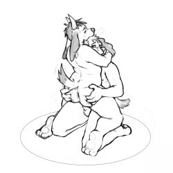 2024 anthro balls black_and_white bovid bovid_horn canid canine canis caprine caprine_horn digital_drawing_(artwork) digital_media_(artwork) domestic_dog duo ear_tag fluffy fluffy_tail genitals goat hair hi_res horn hug hybrid long_ears male mammal monochrome moomoonjun nude short_hair simple_background snout tail