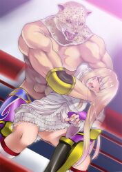 1boy blonde_hair blonde_hair crying dress drooling dutch_angle emilie_de_rochefort female femsub king_(tekken) kupala maledom muscular_male open_mouth pain pantyshot restrained ryona saliva saliva_trail skirt squatting submission submission_hold tekken wrestling