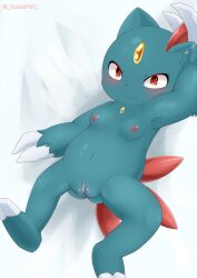 anthro armpits arms_up blush censored cub female female_only furry hi_res kumapan legs looking_at_viewer on_bed pokemon pokemon_(species) pussy small_breasts smile sneasel tagme