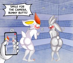 ambiguous_gender anthro ass birbpan cinderace embarrassed furry generation_8_pokemon lagomorph phone pokémon_(species) pokemon raboot shower tagme