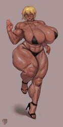 1girls animalbutton big_ass big_breasts dark-skinned_female dark_skin extreme_muscles female female_only glasses greeting huge_breasts looking_at_viewer muscular muscular_female short_hair solo tagme thick_thighs wave