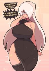 ass big_breasts black_dress blanca_(movailarts) breasts dress embarrassed hourglass_figure long_hair movailarts white_hair