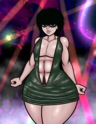 1boy black_hair clothing cursedarachnid dress dynamik808 femboy looking_at_viewer male male_only original pubic_hair solo thick_thighs wide_hips