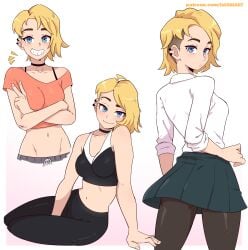 1girls blonde_hair choker dashi_art eyebrow_piercing female female_only gwen_stacy gwen_stacy_(spider-verse) looking_at_viewer marvel school_uniform short_hair skirt skirt_lift solo spider-gwen spider-man_(series) sports_bra yoga_pants