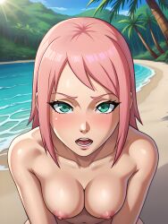 1girls ai_generated alternate_hair_length alternate_hairstyle beach bent_over blush blush_lines breasts completely_nude completely_nude_female facing_viewer female female_only front_view green_eyes infiniteskull light-skinned_female light_skin long_hair looking_at_viewer nai_diffusion naruto naruto_(series) naruto_shippuden nipples nude nude_female perky_breasts pink_hair sakura_haruno seaside shoulder_length_hair solo solo_focus stable_diffusion topless topless_female