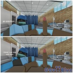 3d black_penis brown_skin daviiblue erect_penis erection gay gay_blowjob hospital hospital_bed laying_on_bed looking_at_penis male pov roblox roblox_avatar robloxian toony twitching worried_expression