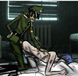 2d_(gorillaz) 2doc anal bhajnalka98 blue_hair bruised costume face_down_ass_up fully_clothed gorillaz injury male_only military murdoc_niccals naked nazi on_floor signature skinny