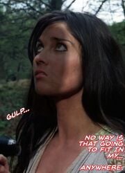 1girls 3d black_hair captain_kronos_vampire_hunter carla caroline_munro cock_shock dark_hair fear female forest_background green_eyes gulp hammer_films imminent_fellatio imminent_rape it'll_never_fit looking_up makeup messy_hair neltumo offscreen_character offscreen_male outdoors penis_awe penis_shadow text wide_eyed