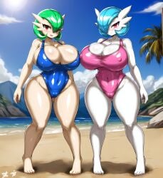 2girls ai_generated anthro anthro_only anthrofied barefoot beach big_breasts blue_swimsuit breasts breasts_bigger_than_head busty cameltoe curvaceous curvy curvy_body curvy_female curvy_figure deep_navel duo female female_anthro female_focus female_only gardevoir generation_3_pokemon highleg highleg_swimsuit hips huge_breasts javvy large_breasts mostly_nude multiple_girls navel nintendo oiled oiled_body oiled_skin one-piece_swimsuit pink_swimsuit pokémon_(species) pokemon pokemon_(species) pokemorph shiny_gardevoir shiny_pokemon shiny_skin smile stable_diffusion standing swimsuit swimwear tanned thick_thighs thighs voluptuous voluptuous_female white_body white_skin wide_hips