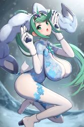 breasts bunny_ears bunnysuit core_crystal cosplay dahlia_(xenoblade) gonzarez green_eyes green_hair jewelry large_breasts nintendo paws pneuma_(xenoblade) snow xenoblade_(series) xenoblade_chronicles_2