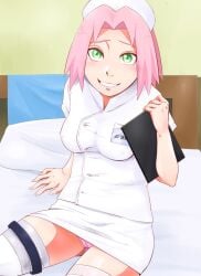 1girls ass breasts covered_erect_nipples female female_focus green_eyes hat highres medium_breasts naruto naruto_(series) naruto_shippuden nurse panties pink_hair sakura_haruno short_hair sitting sitting_on_bed smile sunahara_wataru teeth underwear