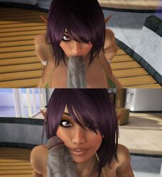 3d ahe_gao big_breasts breasts dark-skinned_female dark_skin erection fellatio female grey_skin hair high_heels huge_breasts large_breasts nipples open_mouth oral penis poruporuporu purple_eyes purple_hair short_hair