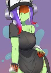 2024 acht_(splatoon) animal_humanoid arm_wrap armpit_crease armwear bare_shoulders black_clothing breasts cephalopod cephalopod_humanoid closed_mouth clothed clothing commentary_request dedf1sh digital_media_(artwork) electronics female glasses gradient_background gradient_hair hat headgear headphones hi_res highres humanoid large_breasts long_hair marine marine_humanoid mollusk mollusk_humanoid multicolored_hair nintendo octarian octoling purple_background purple_hair red-tinted_glasses red_hair sanitized_octarian sanitized_octoling side_slit single_bare_shoulder solo splatoon splatoon_(series) splatoon_3 splatoon_3:_side_order tentacle tentacle_hair tinted_eyewear two_tone_hair